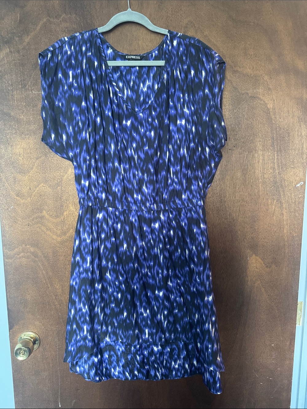 Express Blue and Black Printed V-Neck Dress